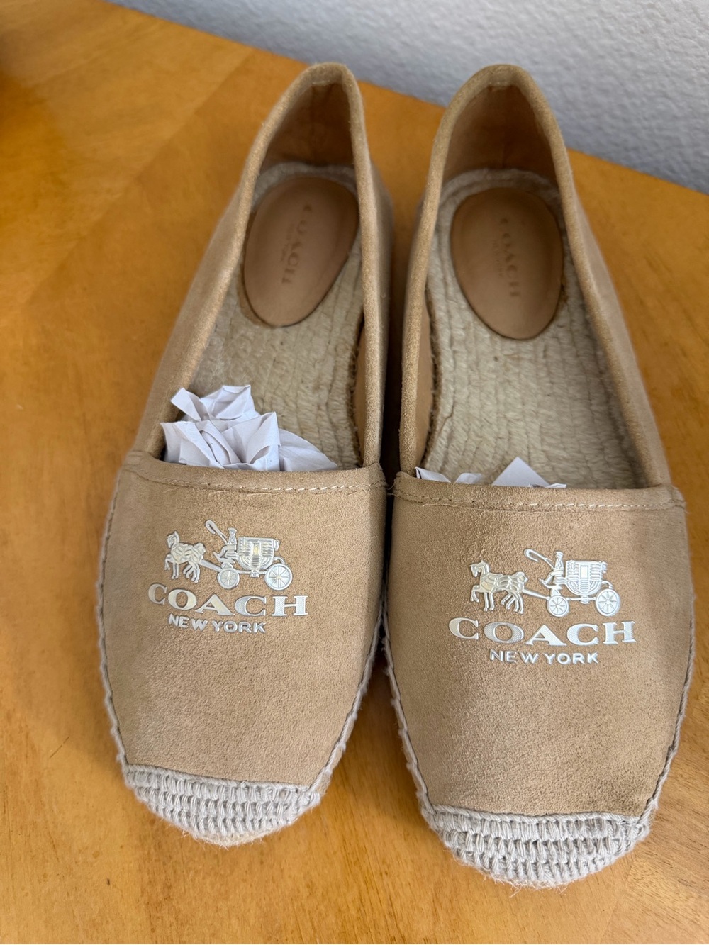 Coach women’s Tan Suede Espadrille Slip-On Loafers with Logo